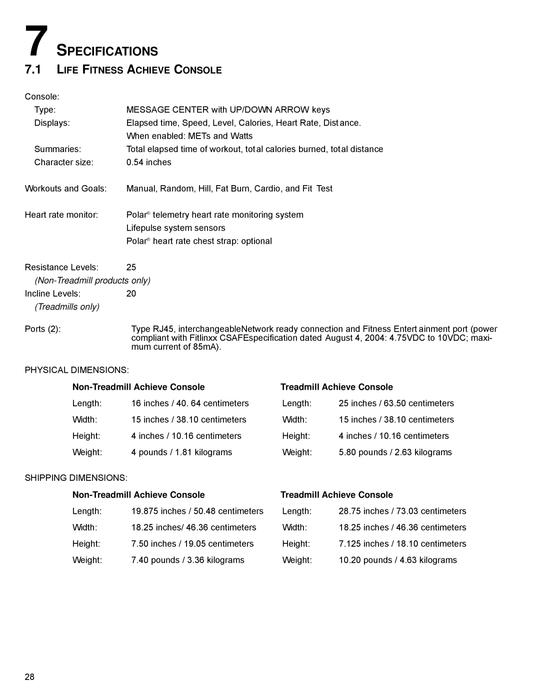 Life Fitness M051-00K70-C031 operation manual Specifications, Life Fitness Achieve Console, Non-Treadmill Achieve Console 