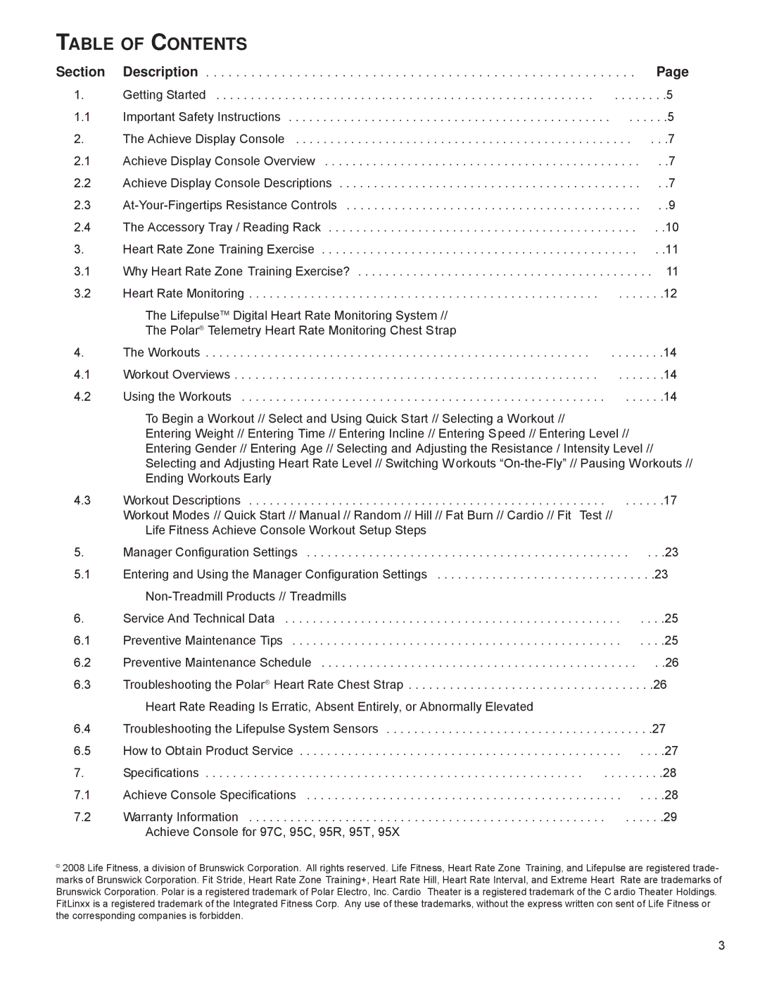 Life Fitness M051-00K70-C031 operation manual Table of Contents 