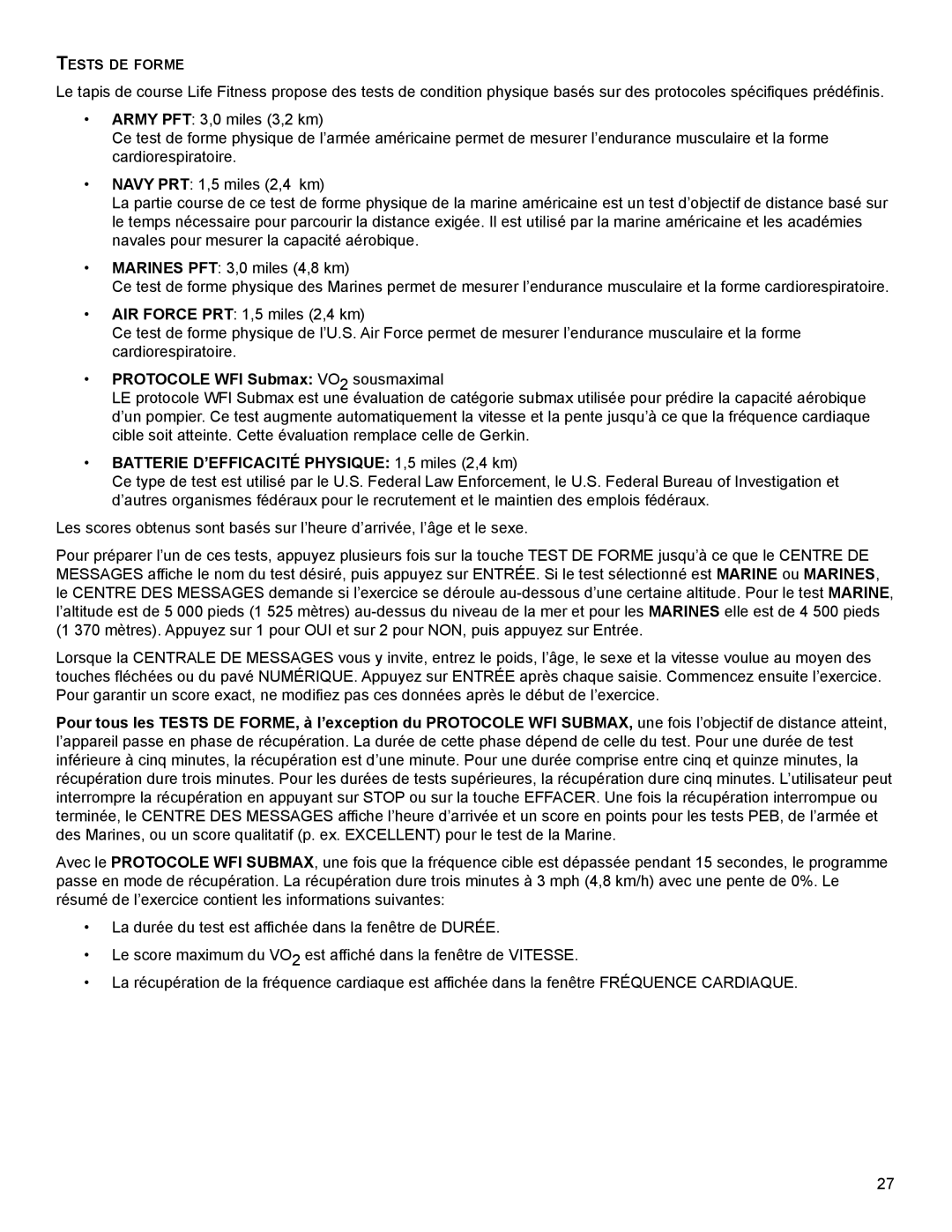Life Fitness M051-00K79-A001 PrOTOCOle WFi submax vO2 sousmaximal, BaTTerie d’eFFiCaCiTé PhysiqUe 1,5 miles 2,4 km 