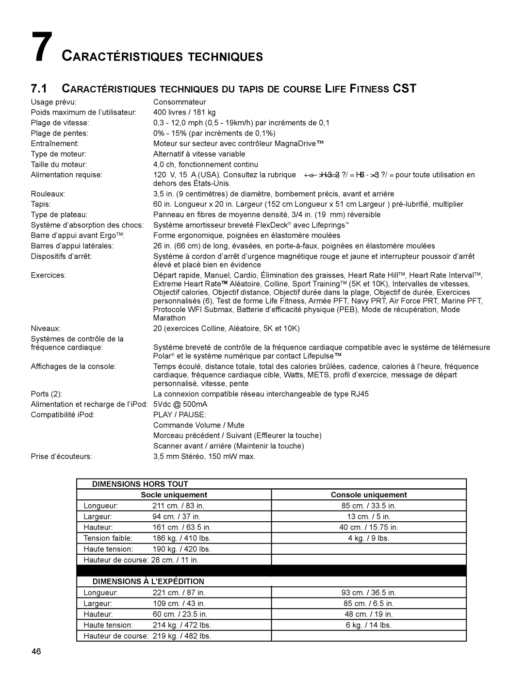 Life Fitness M051-00K79-A001 CaraCTérisTiqUes TeChniqUes, DimensiOns hOrs Tout Socle uniquement Console uniquement 