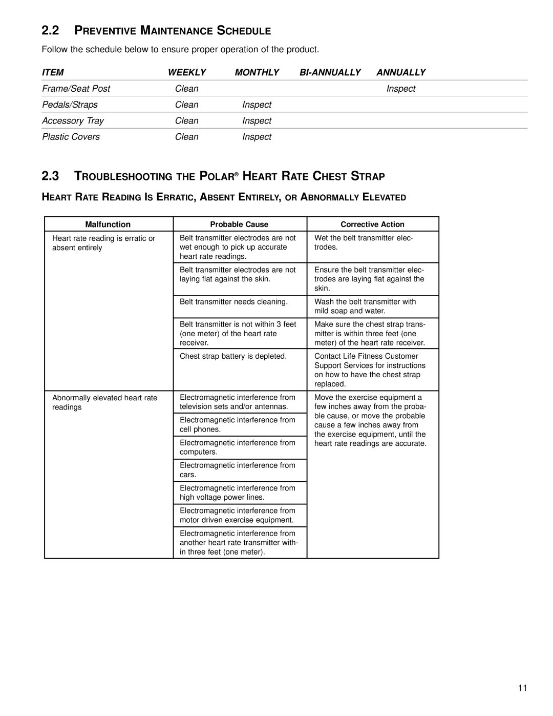 Life Fitness M051-0K66-A149 Preventive Maintenance Schedule, Troubleshooting the Polar Heart Rate Chest Strap 