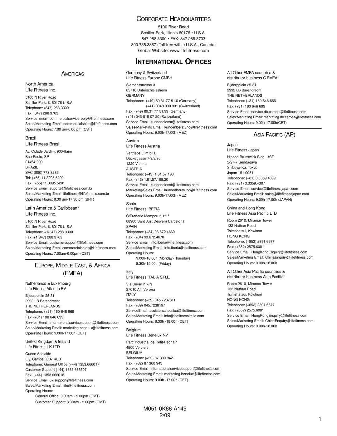 Life Fitness M051-0K66-A149 operation manual Corporate Headquarters, International Offices 