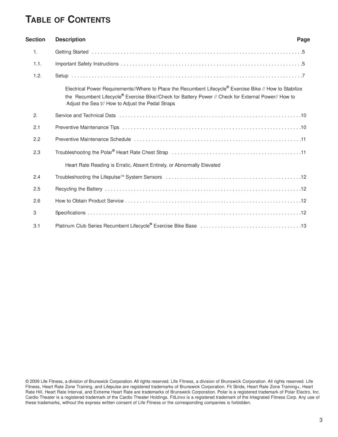 Life Fitness M051-0K66-A149 operation manual Table of Contents 