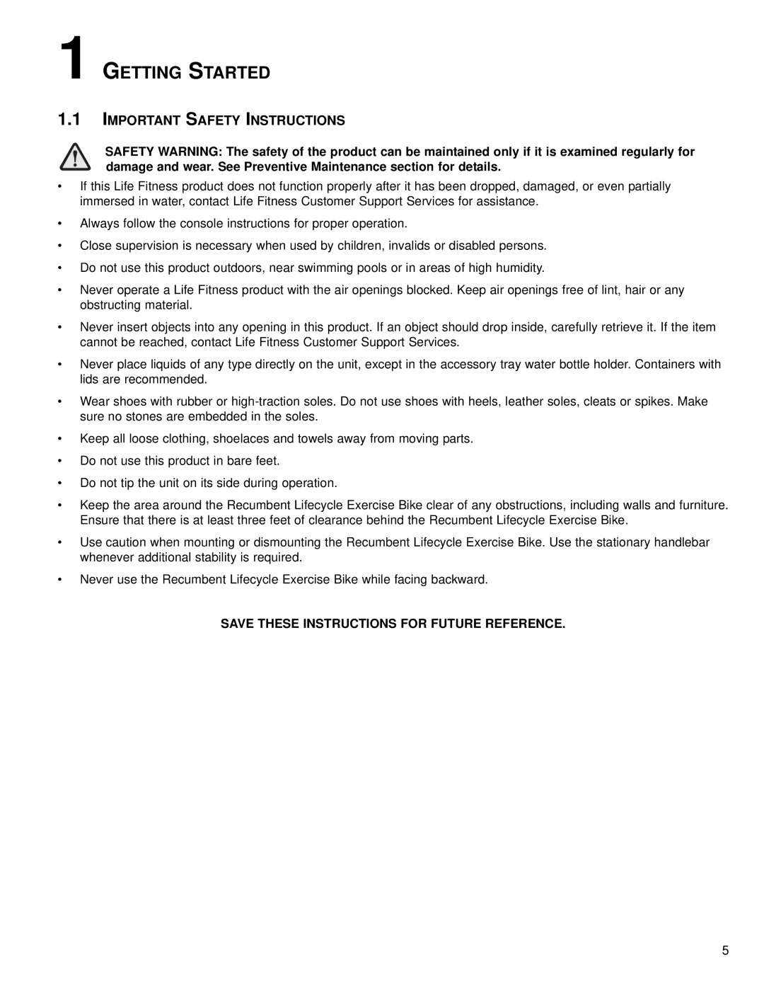 Life Fitness M051-0K66-A149 operation manual Getting Started, Important Safety Instructions 