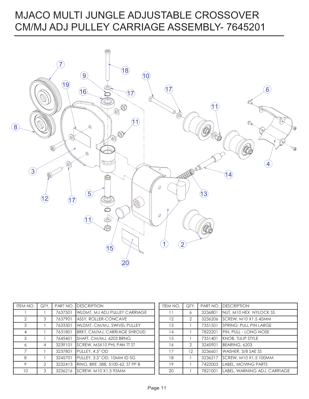 Life Fitness MJACO manual WLDMT, MJ ADJ Pulley Carriage 