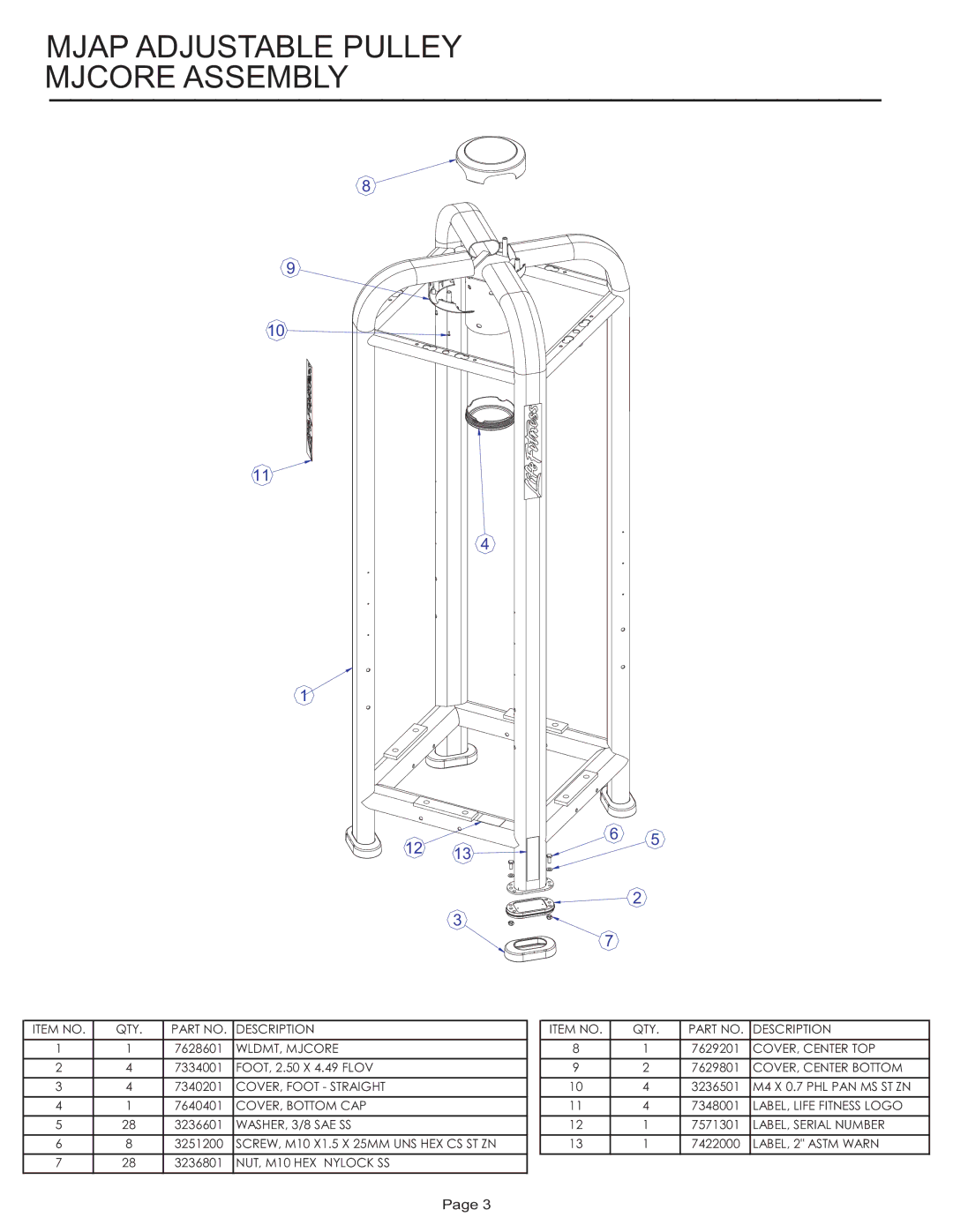 Life Fitness MJAP manual Mjap Adjustable Pulley Mjcore Assembly 