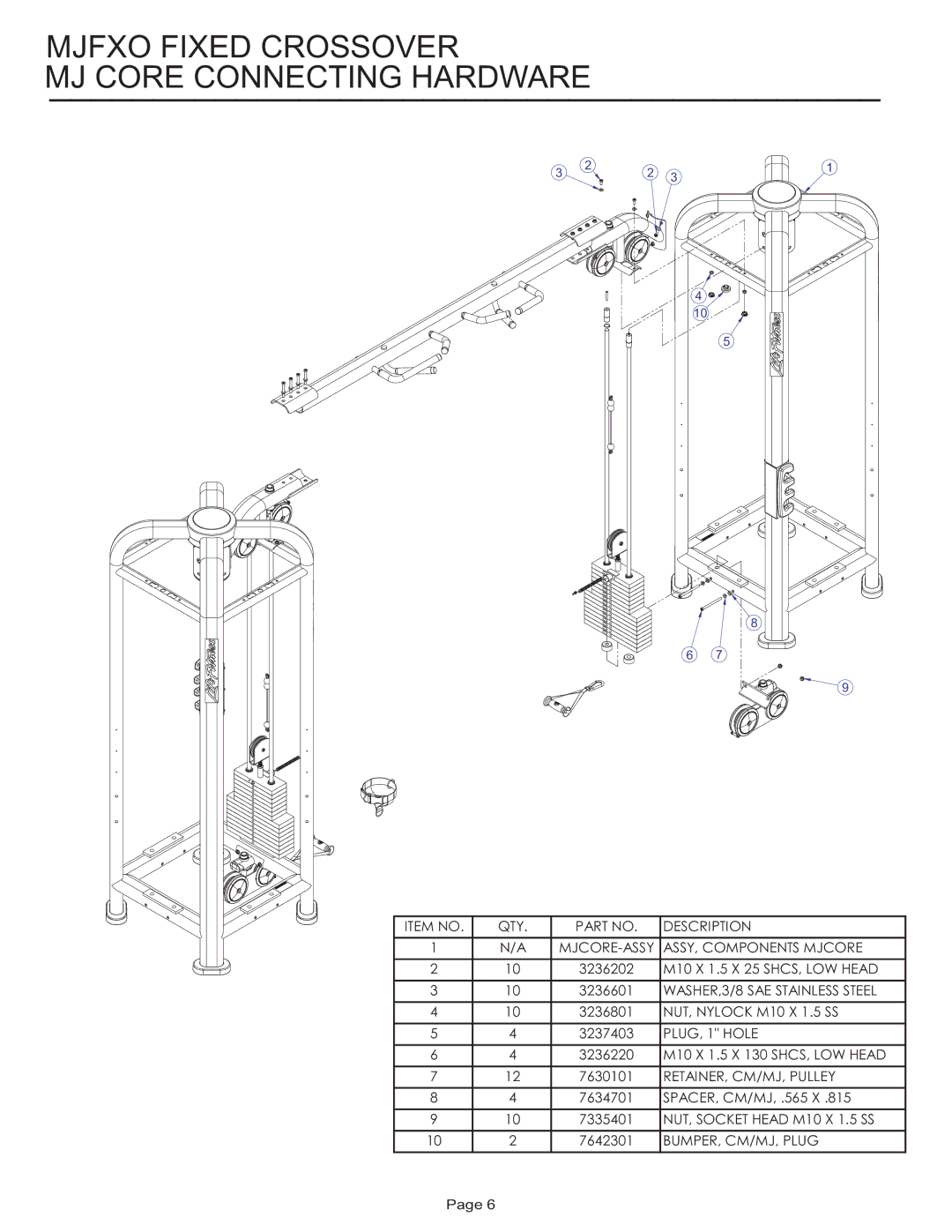 Life Fitness MJFXO manual Mjfxo Fixed Crossover MJ Core Connecting Hardware 