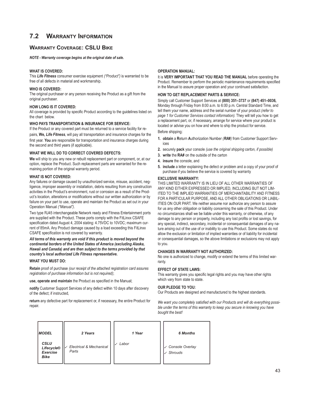 Life Fitness MO51-0K63-A295 operation manual Warranty Information, Warranty Coverage Cslu Bike What is Covered 