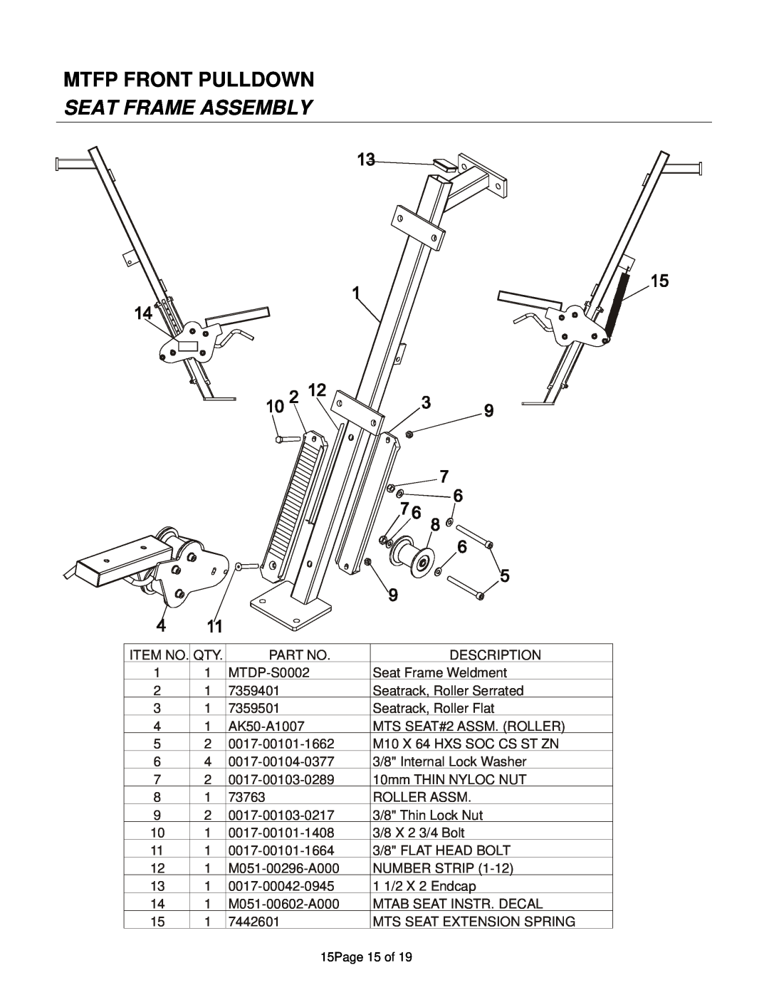 Life Fitness MTFP manual Seat Frame Assembly, Mtfp Front Pulldown 