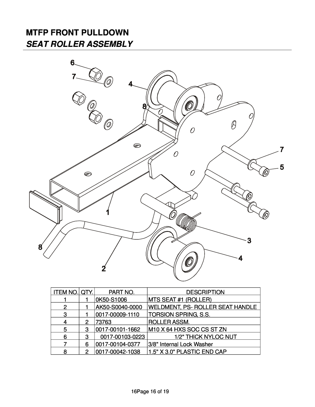 Life Fitness MTFP manual Seat Roller Assembly, Mtfp Front Pulldown 