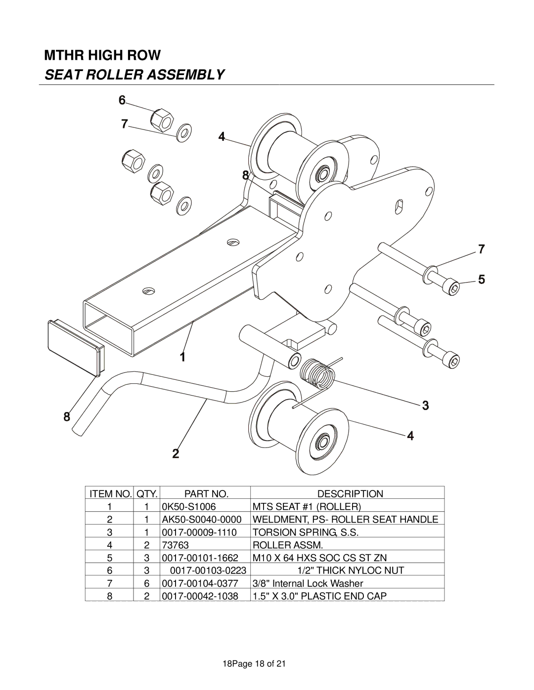 Life Fitness MTHR manual Seat Roller Assembly 