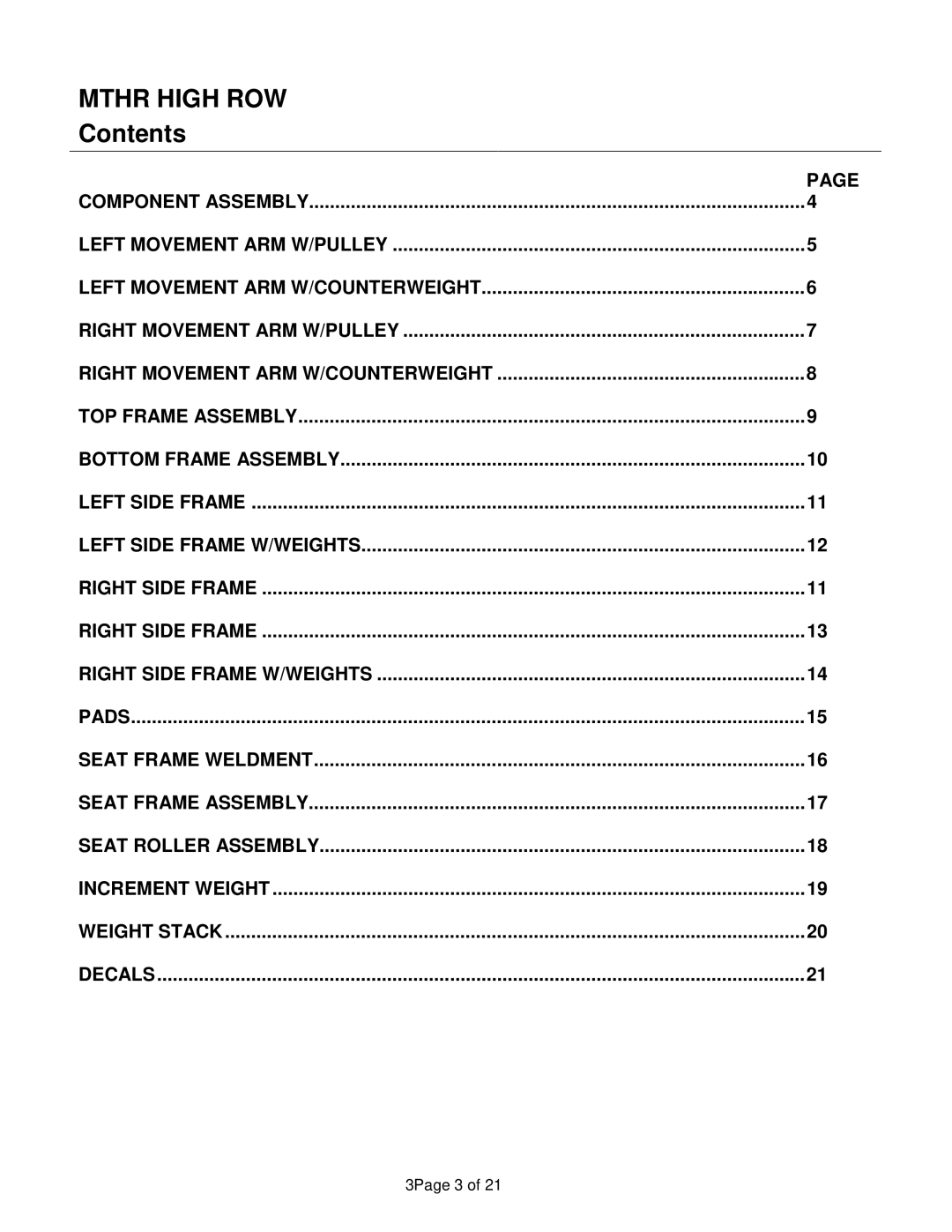 Life Fitness MTHR manual Mthr High ROW, Contents 