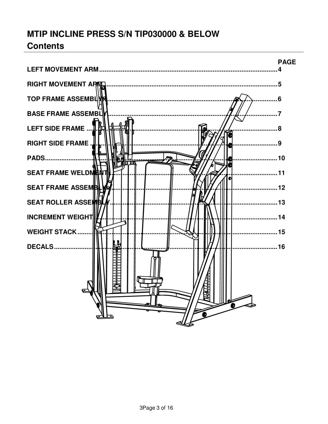 Life Fitness MTIP manual Mtip Incline Press S/N TIP030000 & below, Contents 