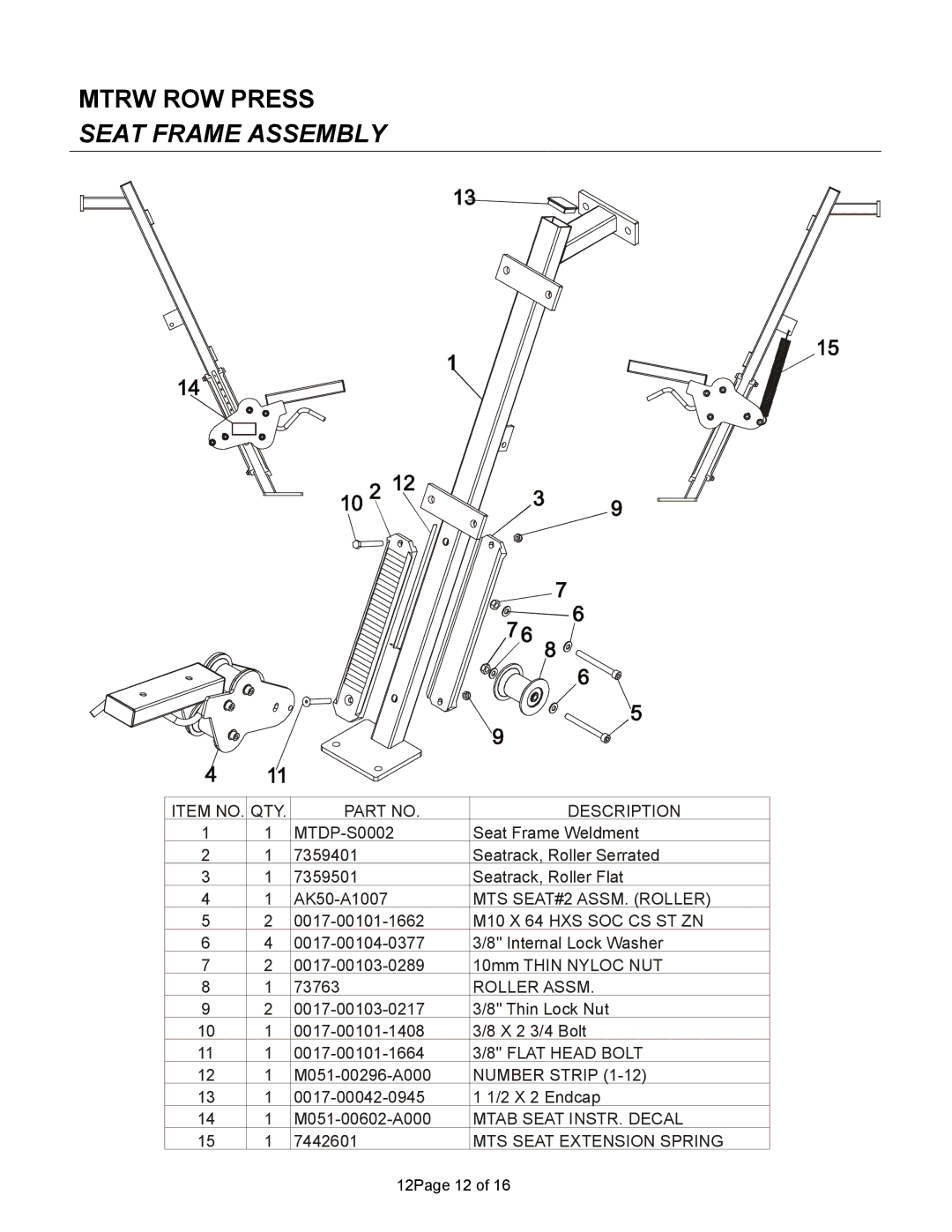 Life Fitness MTRW manual Seat Frame Assembly, Item no QTY Description 