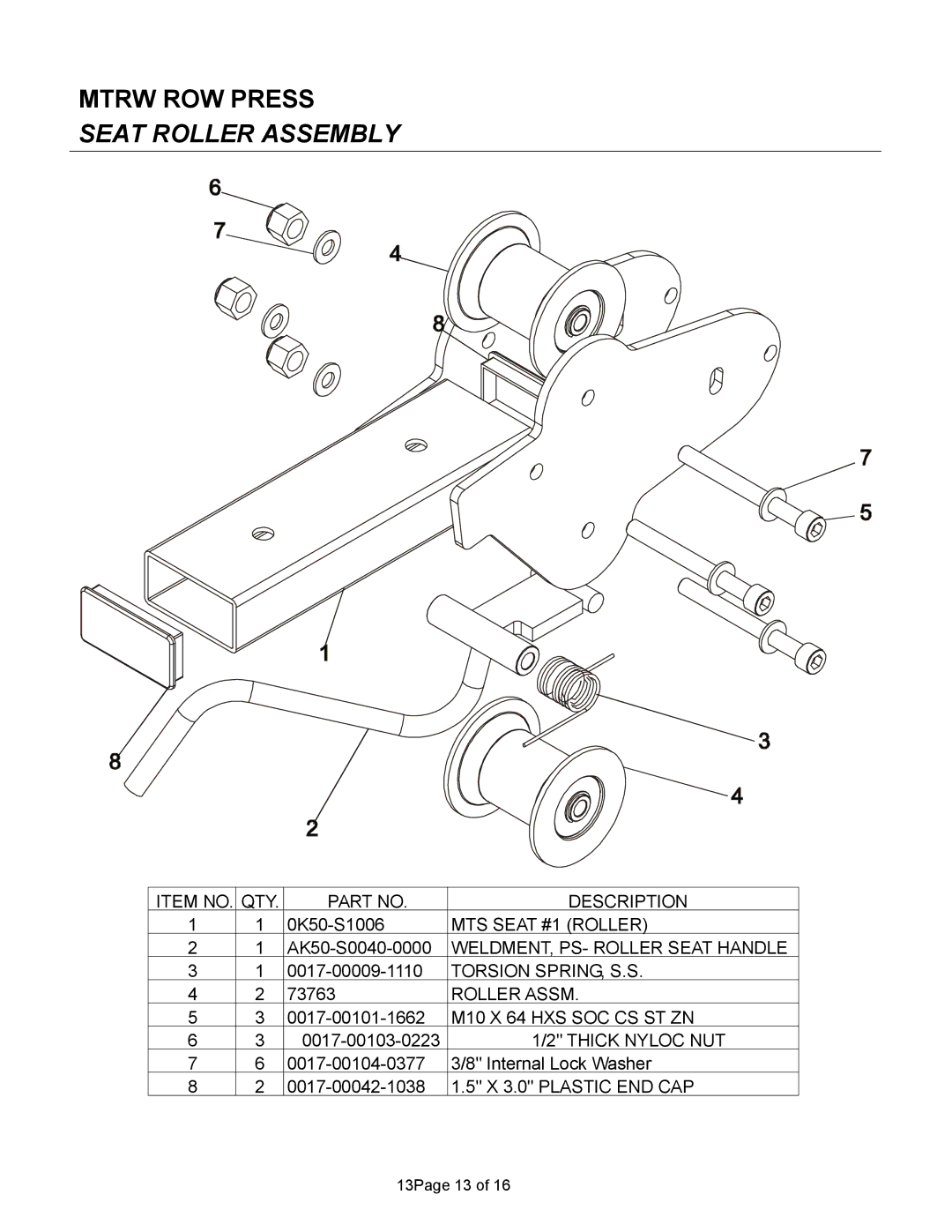 Life Fitness MTRW manual Seat Roller Assembly 