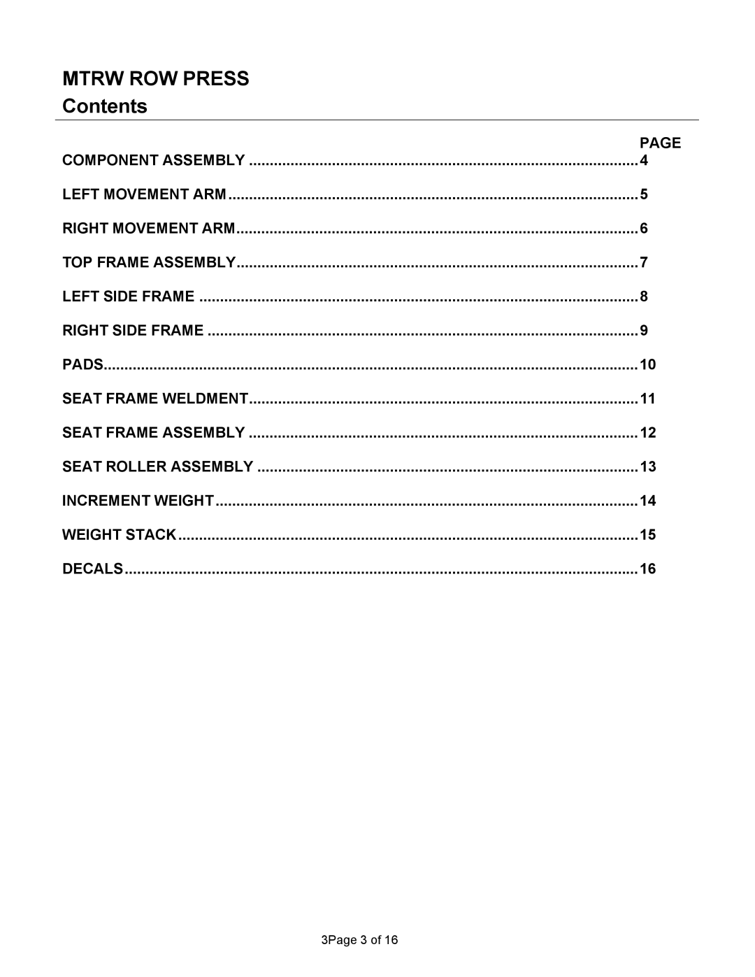 Life Fitness MTRW manual Mtrw ROW Press, Contents 