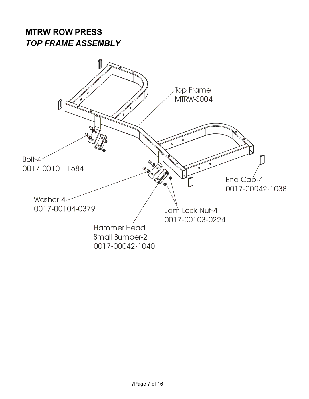 Life Fitness MTRW manual Mtrw ROW Press TOP Frame Assembly 