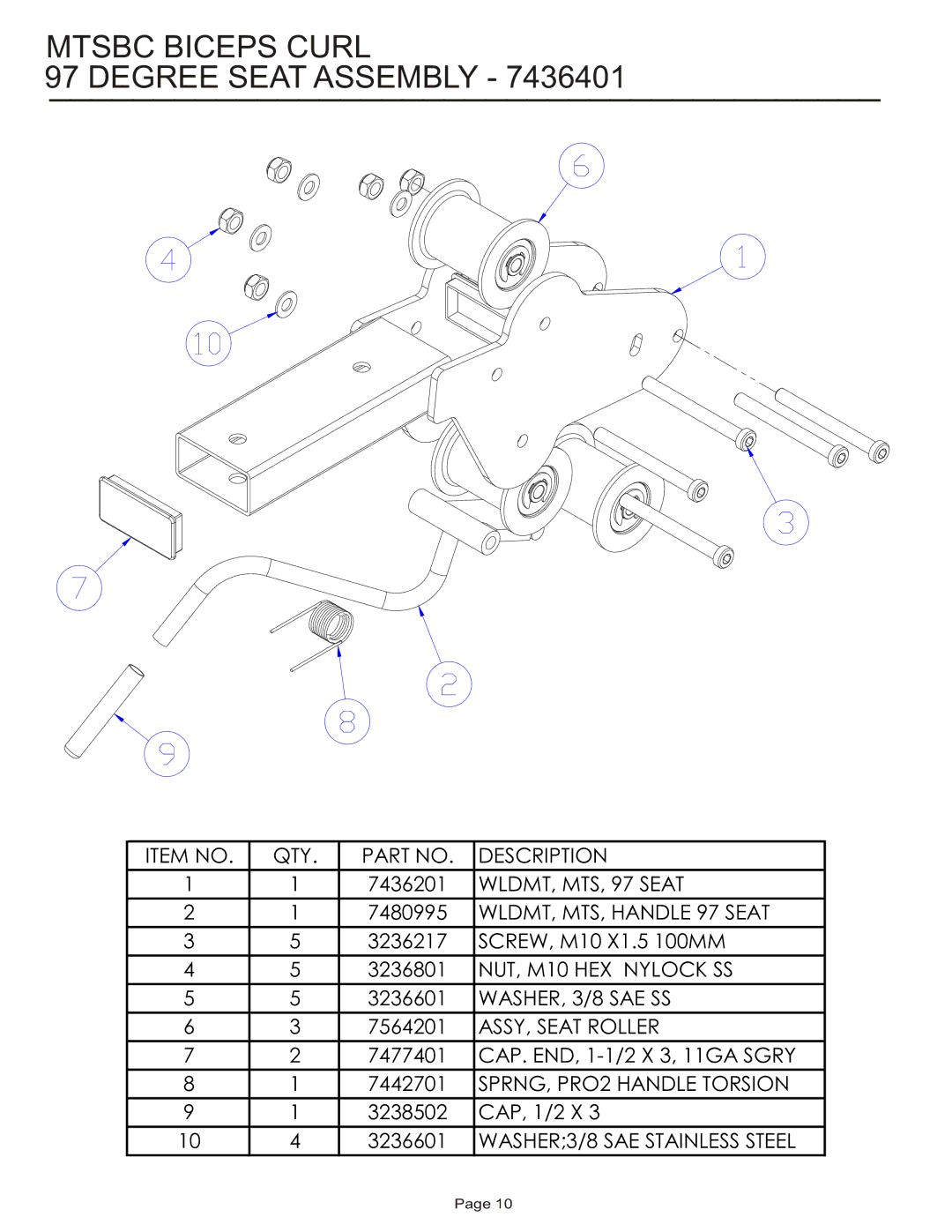 Life Fitness MTSBC manual Mtsbc Biceps Curl Degree Seat Assembly 