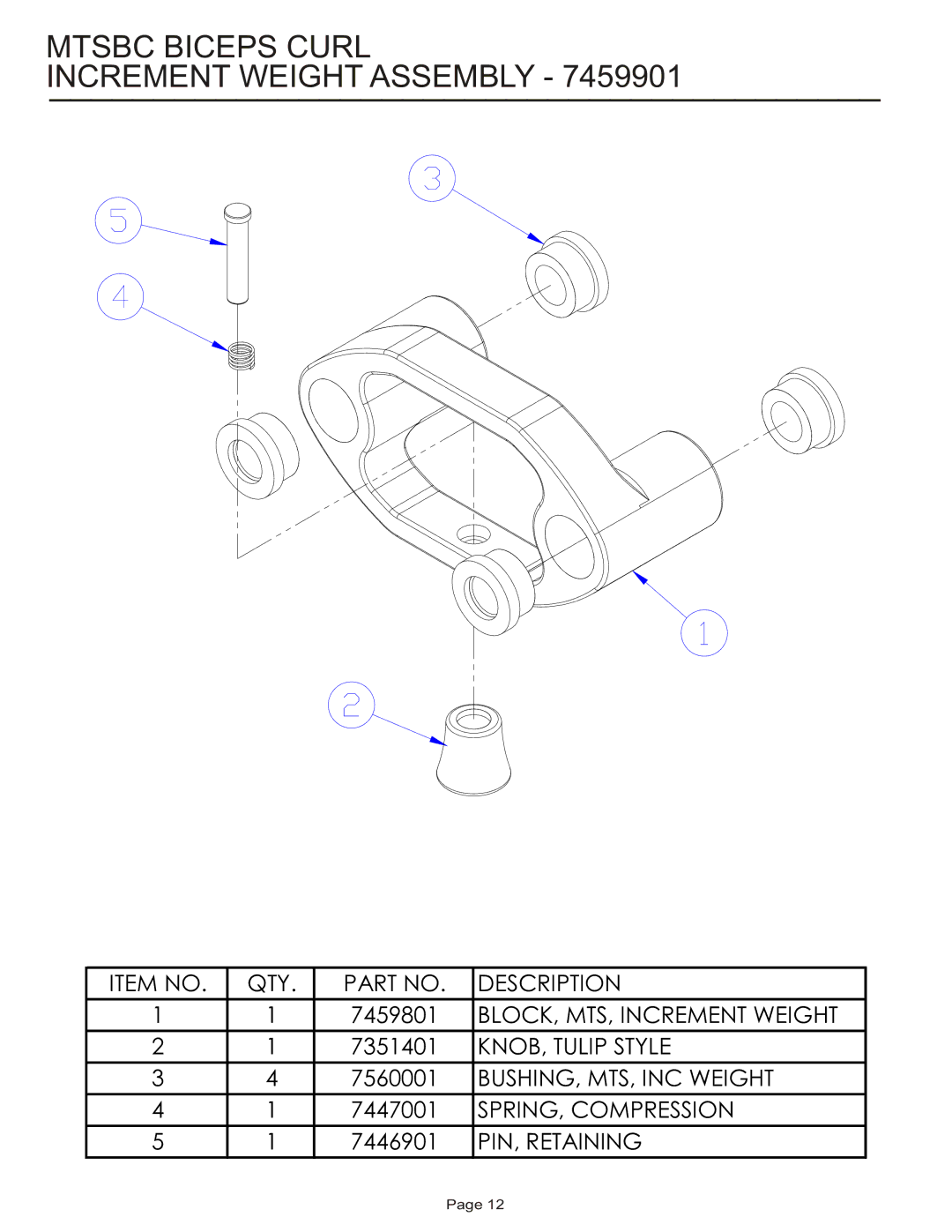 Life Fitness MTSBC manual Mtsbc Biceps Curl Increment Weight Assembly 