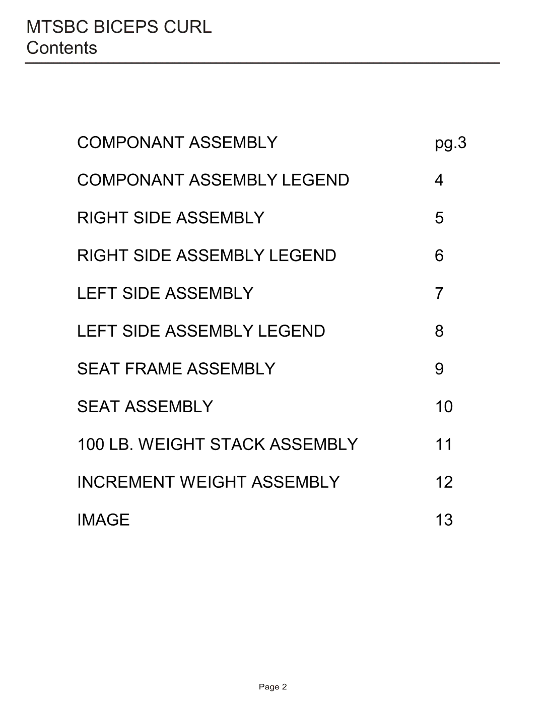 Life Fitness MTSBC manual Mtsbc Biceps Curl, Contents 