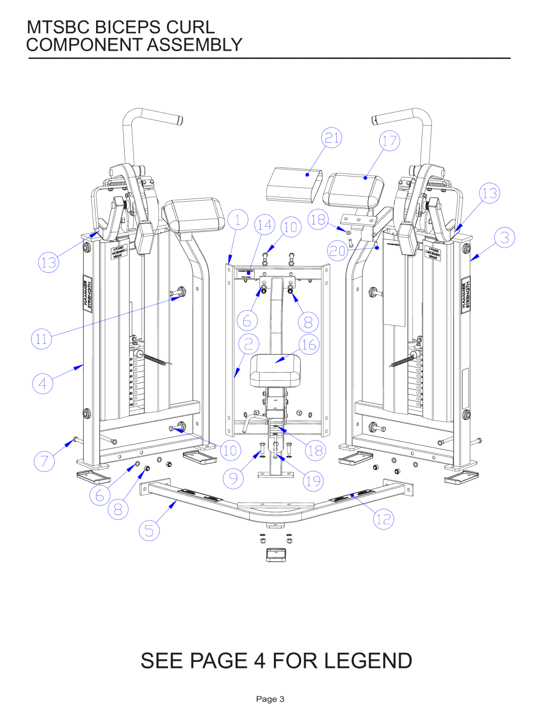 Life Fitness MTSBC manual See page 4 for Legend, Mtsbc Biceps Curl Component Assembly 