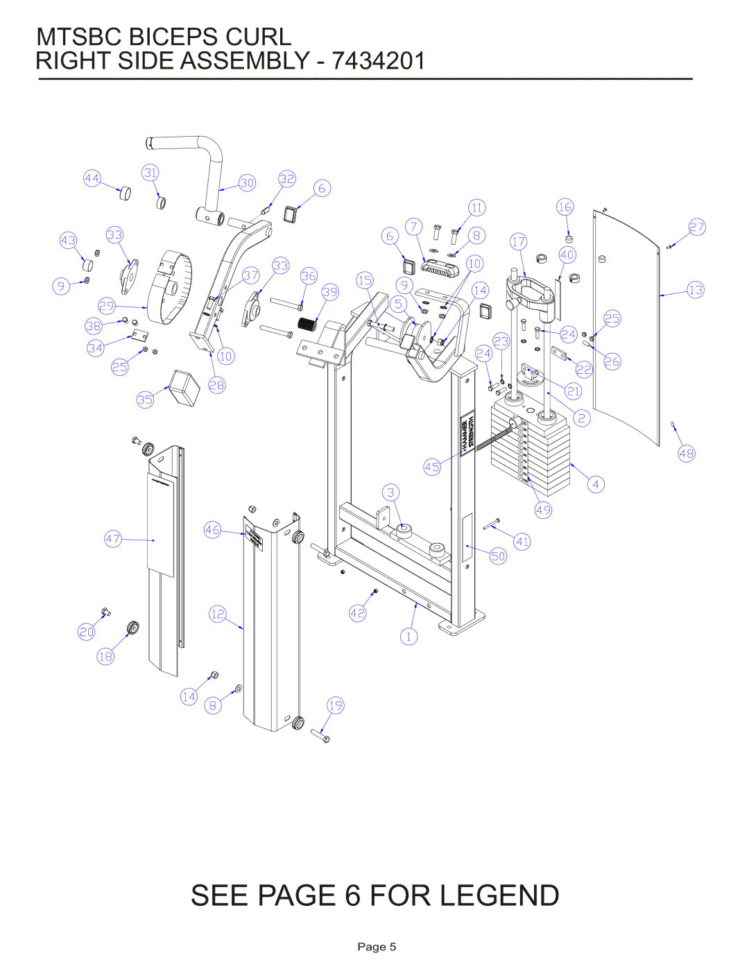 Life Fitness MTSBC manual See page 6 for Legend, Mtsbc Biceps Curl Right Side Assembly 