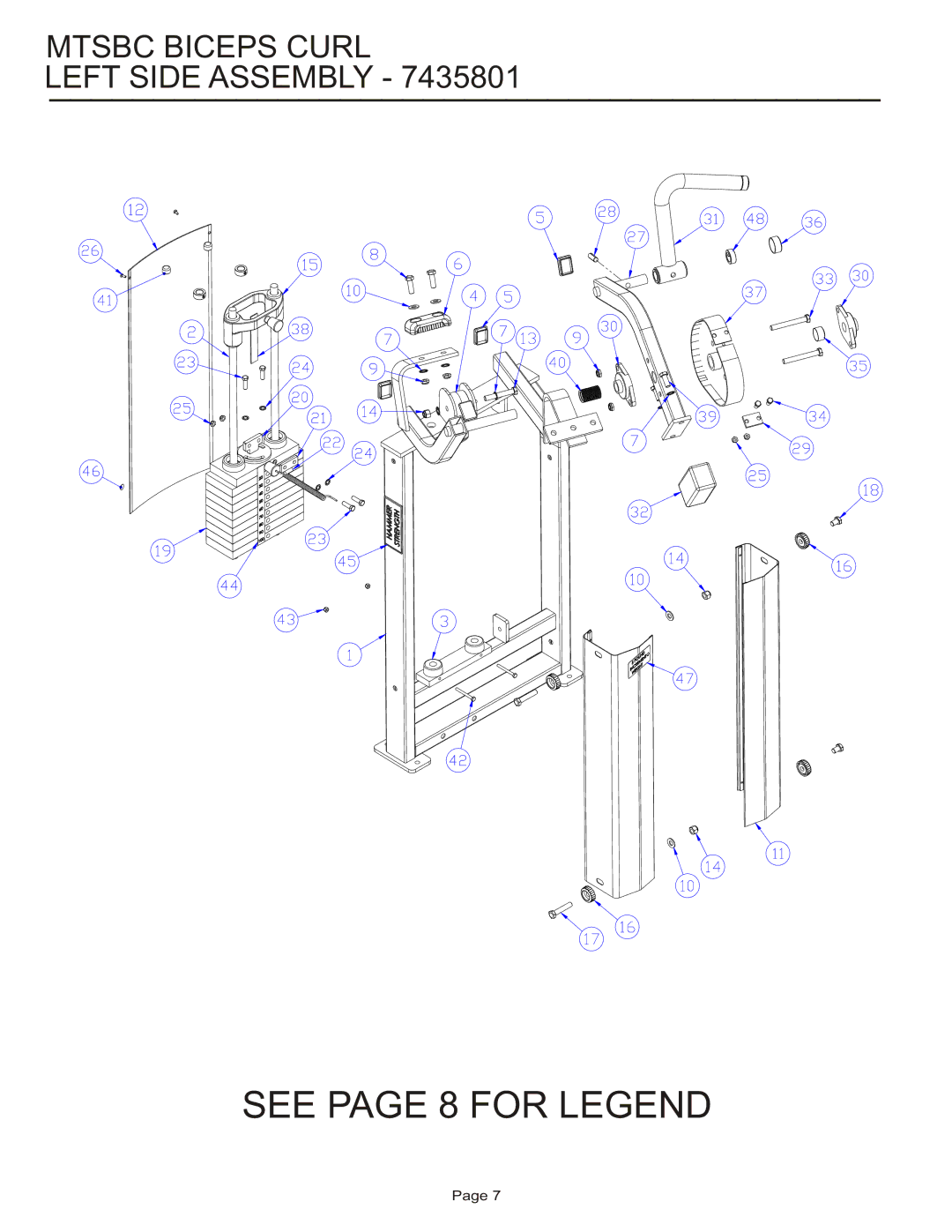 Life Fitness MTSBC manual See page 8 for Legend, Mtsbc Biceps Curl Left Side Assembly 