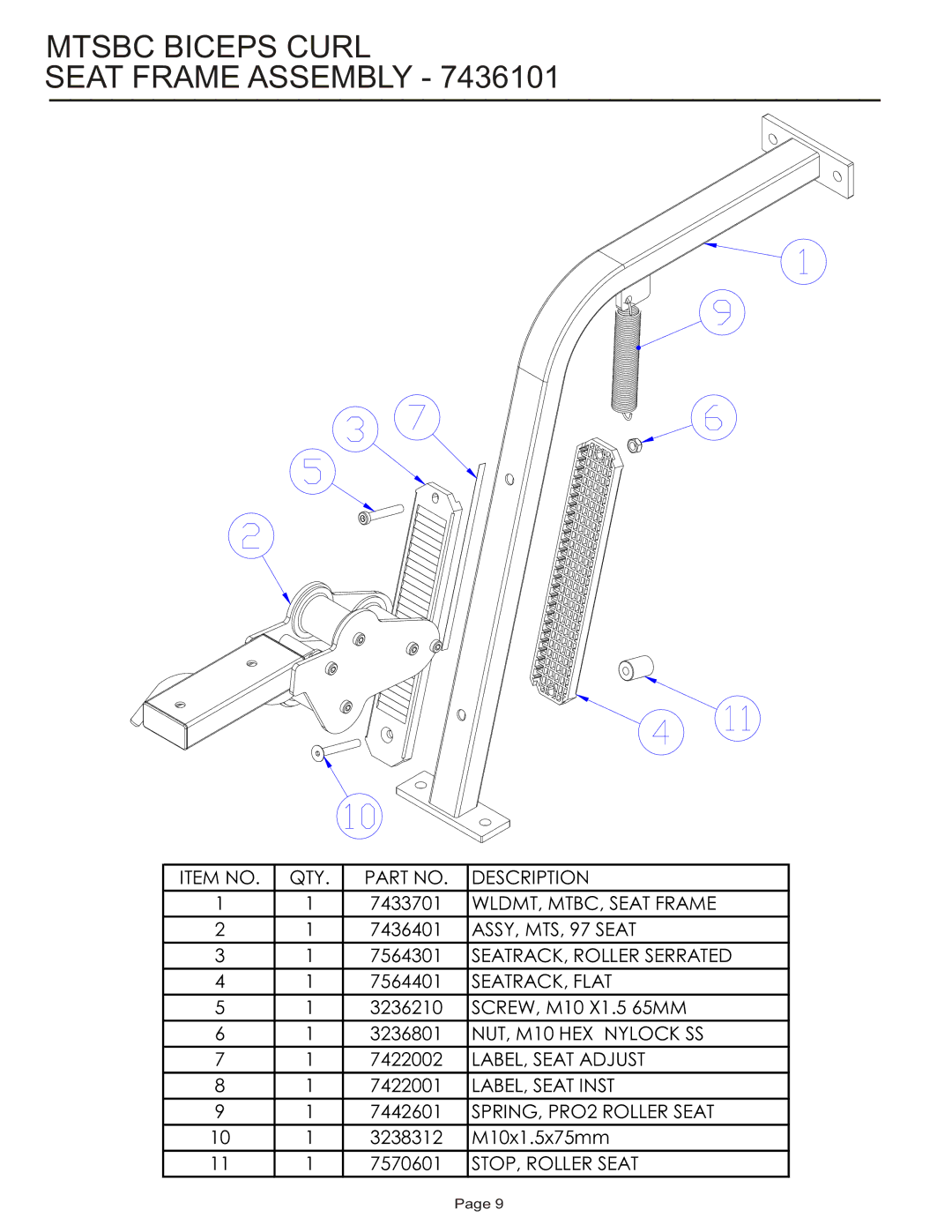 Life Fitness MTSBC manual Mtsbc Biceps Curl Seat Frame Assembly 