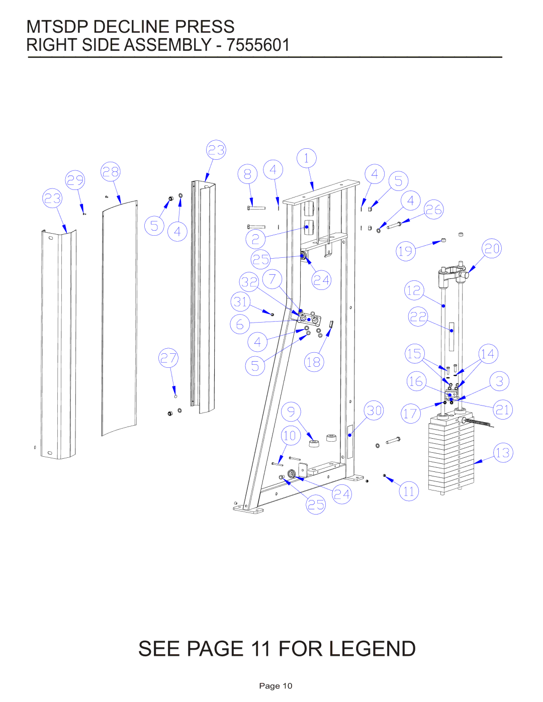 Life Fitness MTSDP manual See page 11 for Legend, Mtsdp Decline Press Right Side Assembly 