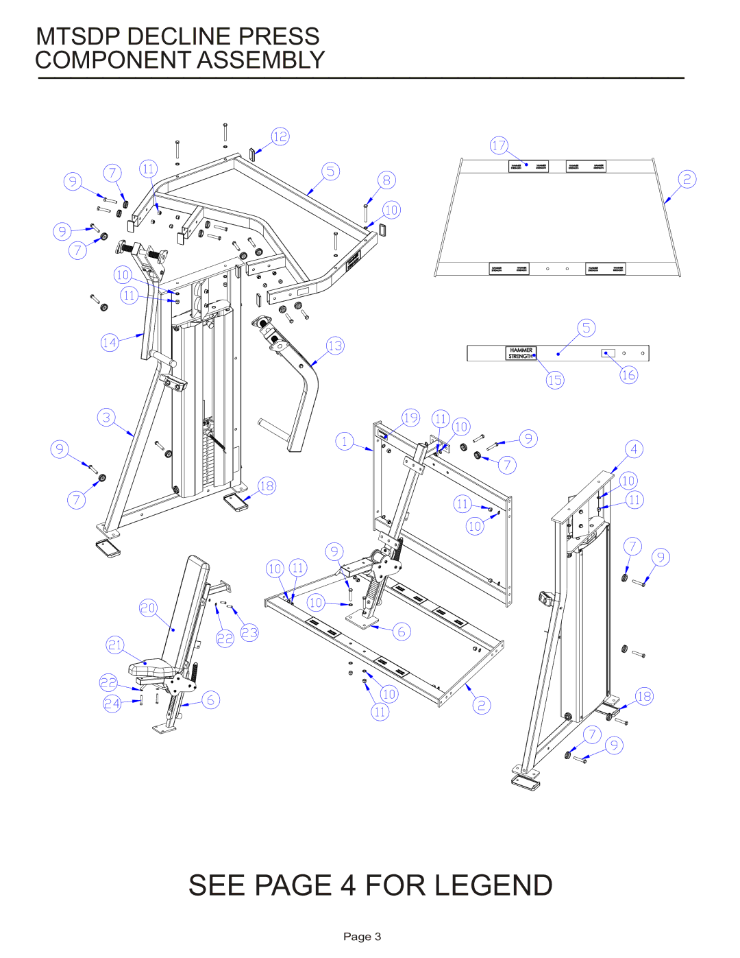 Life Fitness MTSDP manual See page 4 for Legend, Mtsdp Decline Press Component Assembly 