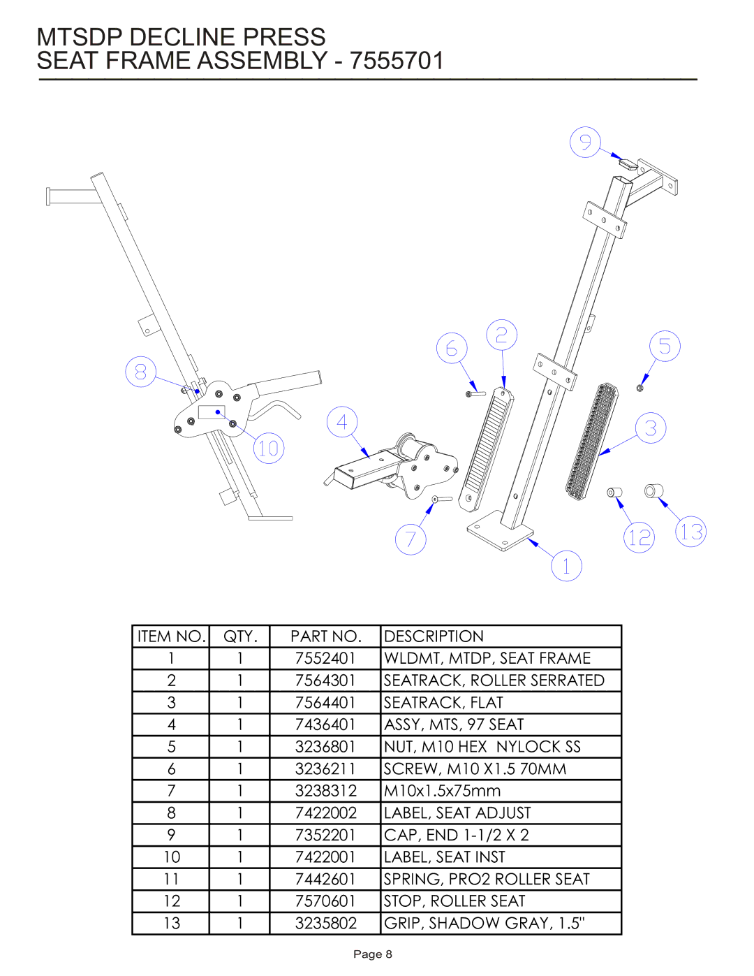 Life Fitness MTSDP manual Mtsdp Decline Press Seat Frame Assembly 