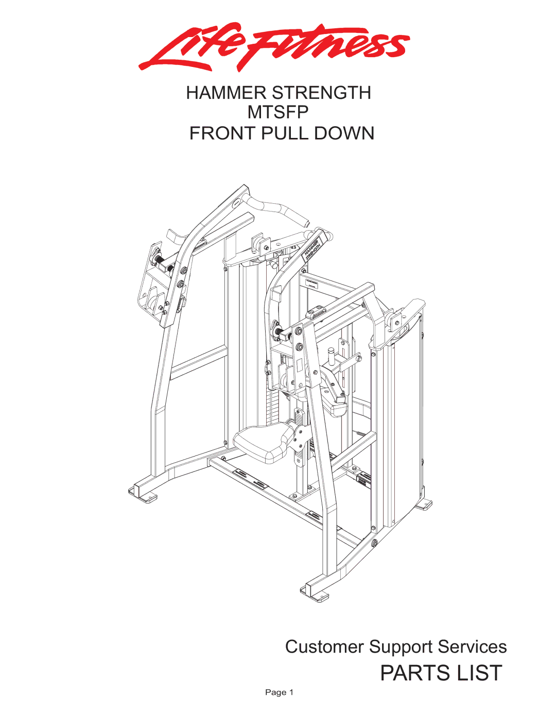 Life Fitness MTSFP manual Parts List, Hammer Strength Mtsfp Front Pull Down 