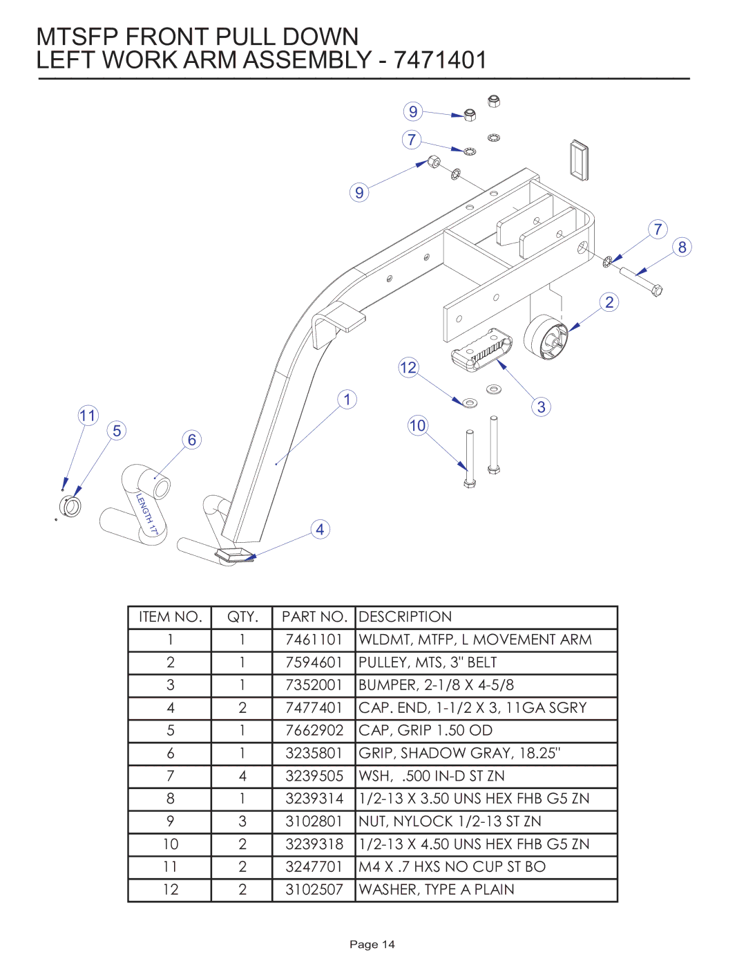 Life Fitness MTSFP manual Mtsfp Front Pull Down Left Work ARM Assembly 