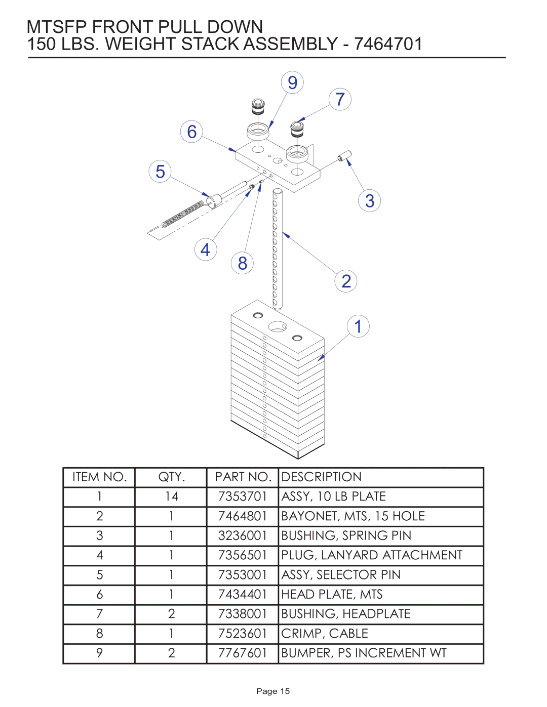 Life Fitness MTSFP manual Mtsfp Front Pull Down 150 LBS. Weight Stack Assembly 