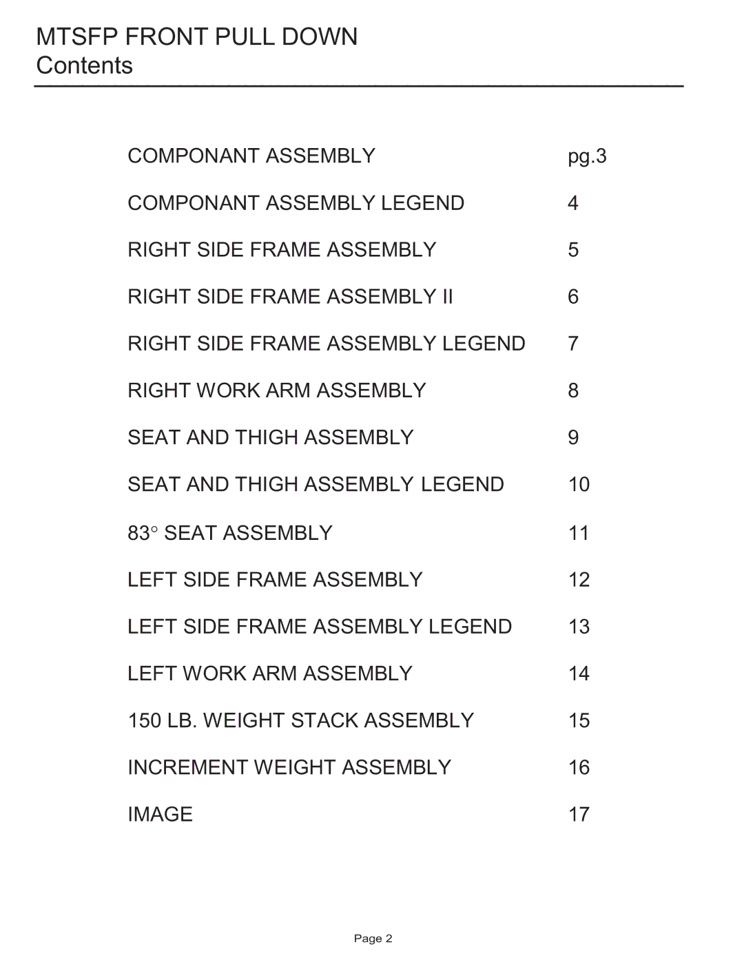 Life Fitness MTSFP manual Mtsfp Front Pull Down, Contents 