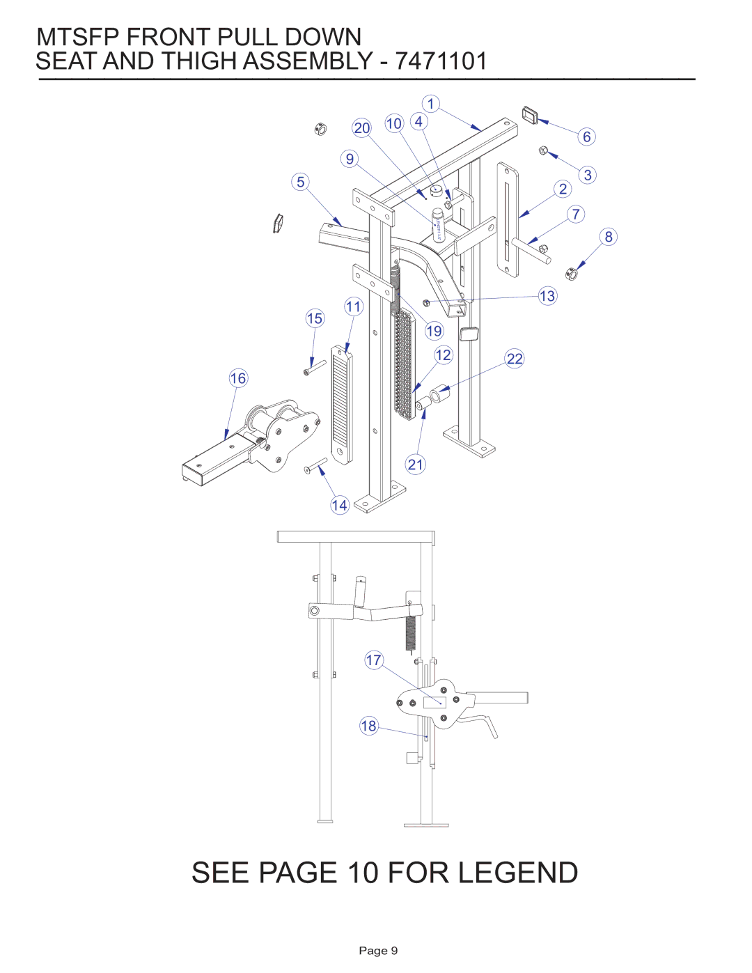 Life Fitness MTSFP manual See page 10 for Legend, Mtsfp Front Pull Down Seat and Thigh Assembly 