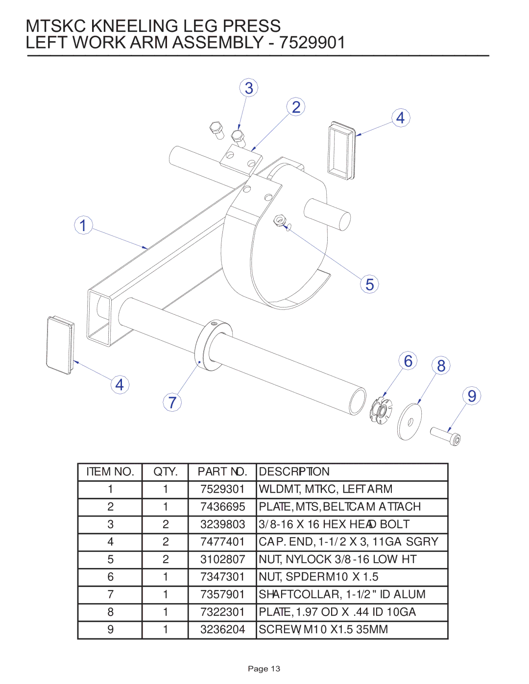 Life Fitness MTSKC manual Mtskc Kneeling LEG Press Left Work ARM Assembly 