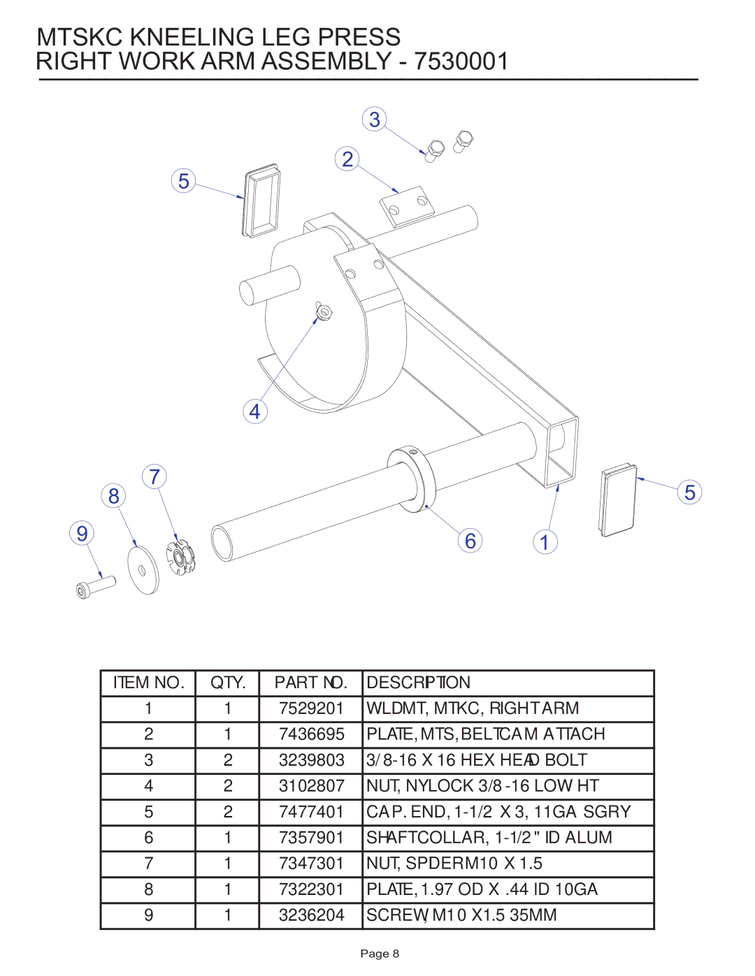 Life Fitness MTSKC manual Mtskc Kneeling LEG Press Right Work ARM Assembly 