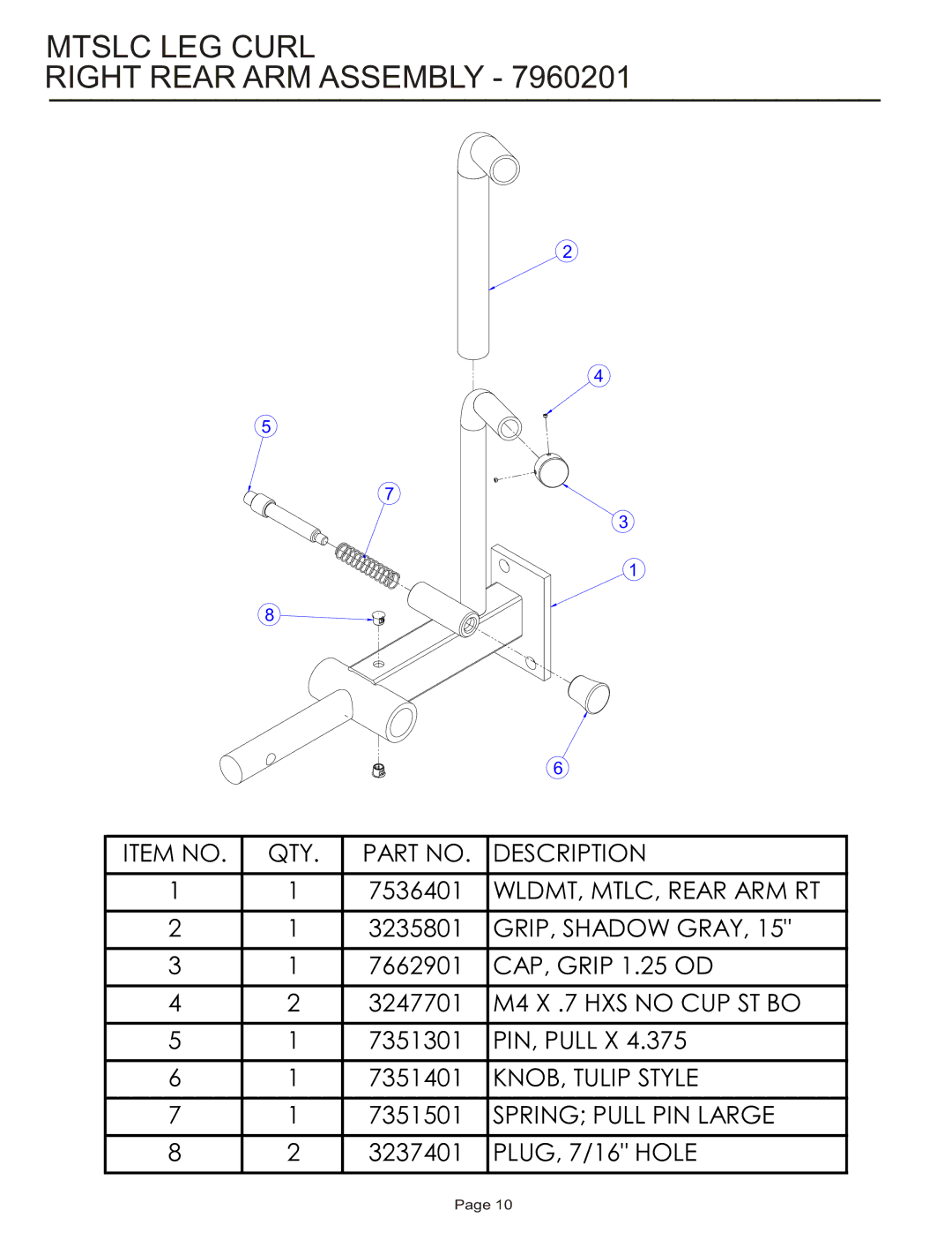 Life Fitness MTSLC manual Mtslc LEG Curl Right Rear ARM Assembly 