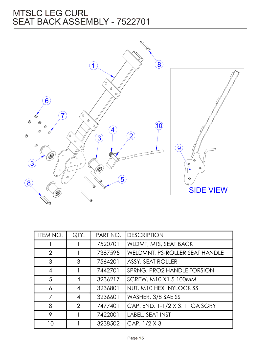 Life Fitness MTSLC manual Mtslc LEG Curl Seat Back Assembly, Side View 