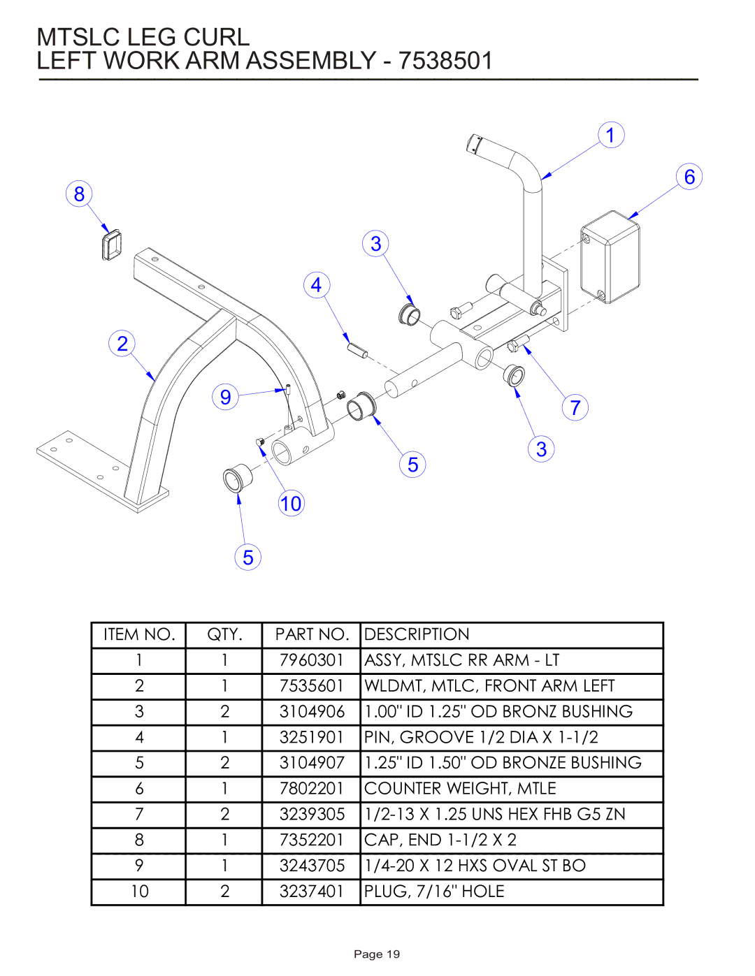 Life Fitness MTSLC manual Mtslc LEG Curl Left Work ARM Assembly 