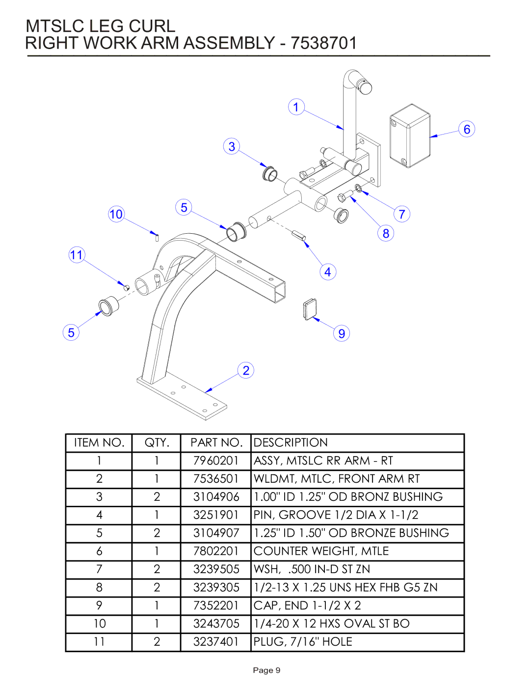 Life Fitness MTSLC manual Mtslc LEG Curl Right Work ARM Assembly, Counter WEIGHT, Mtle 