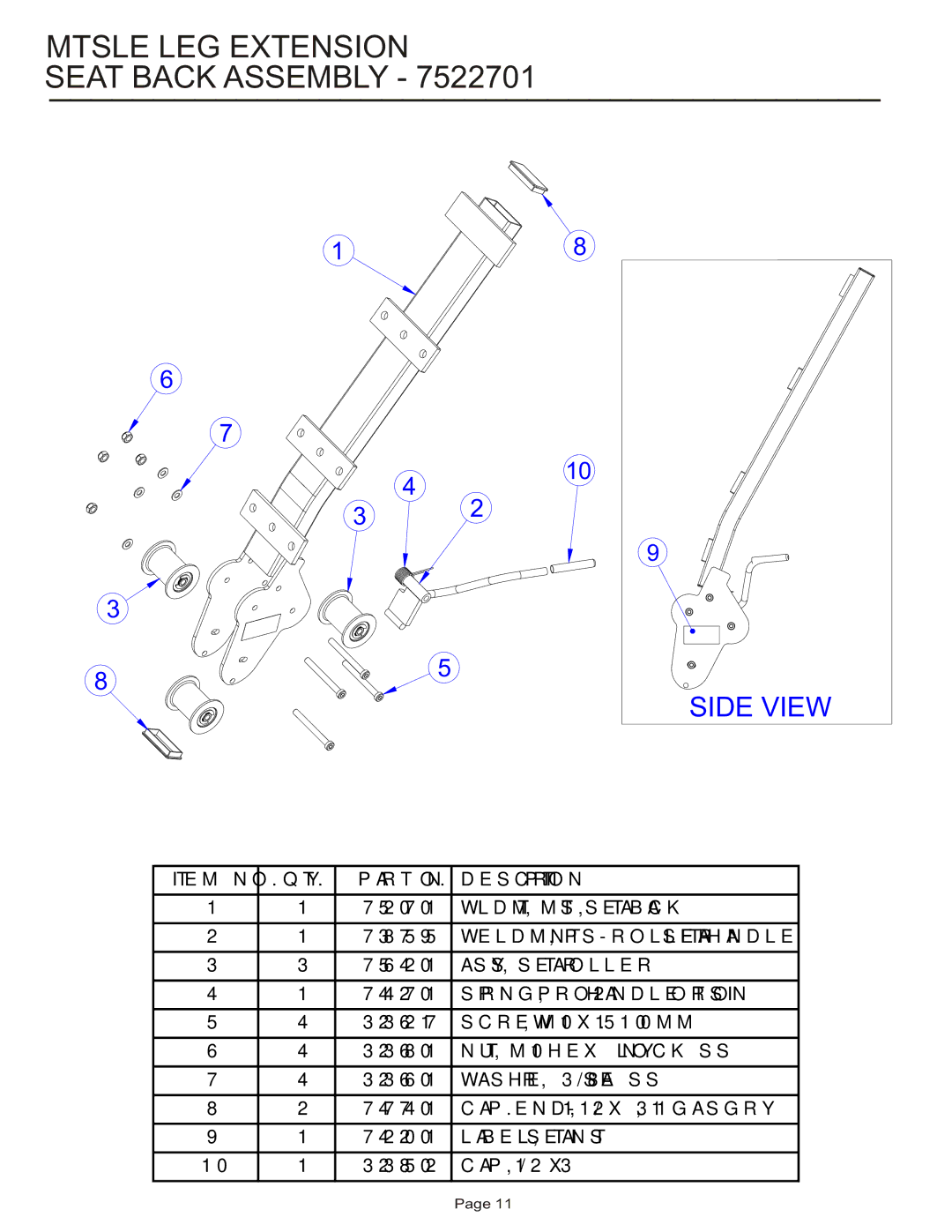 Life Fitness MTSLE manual Mtsle LEG Extension Seat Back Assembly, Side View 