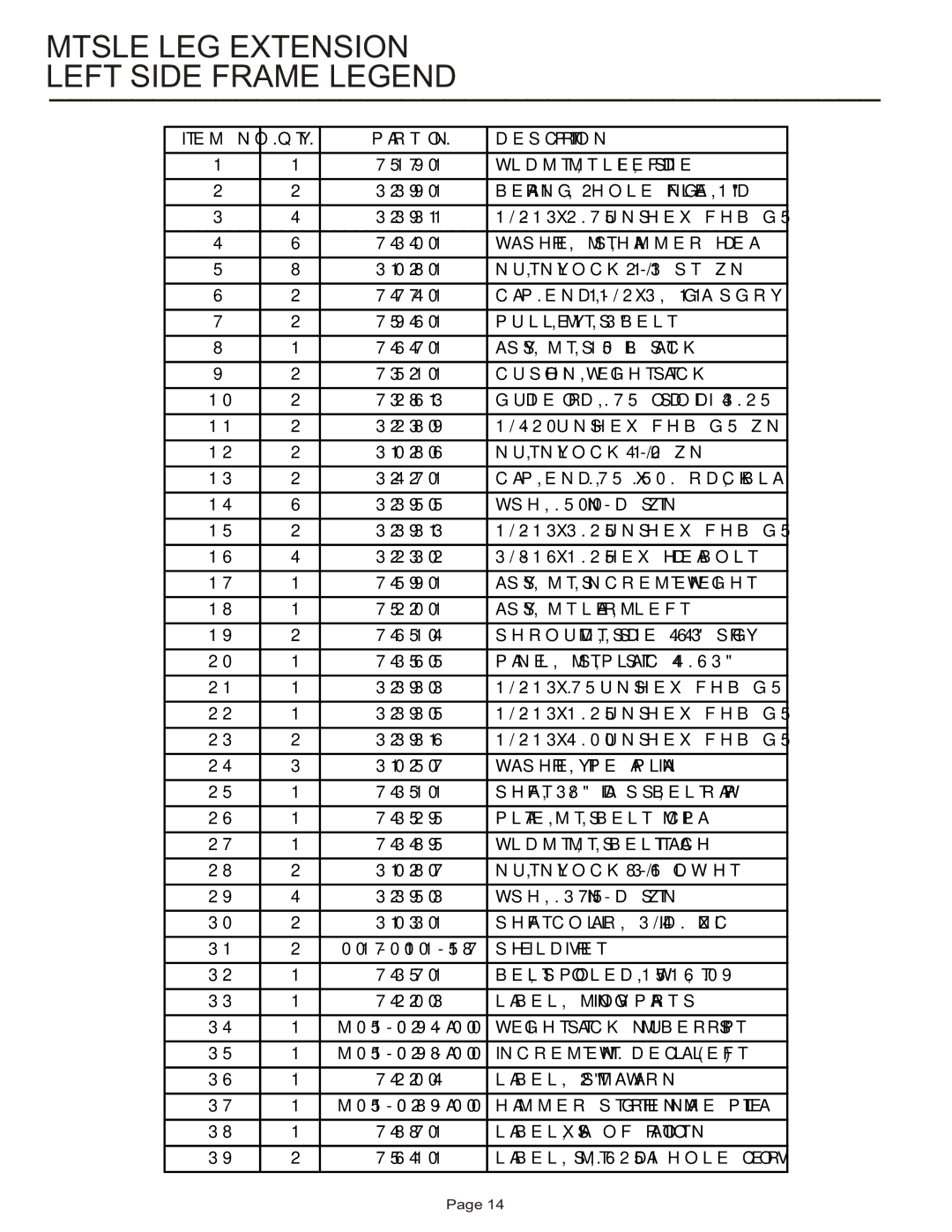 Life Fitness MTSLE manual Mtsle LEG Extension Left Side Frame Legend 