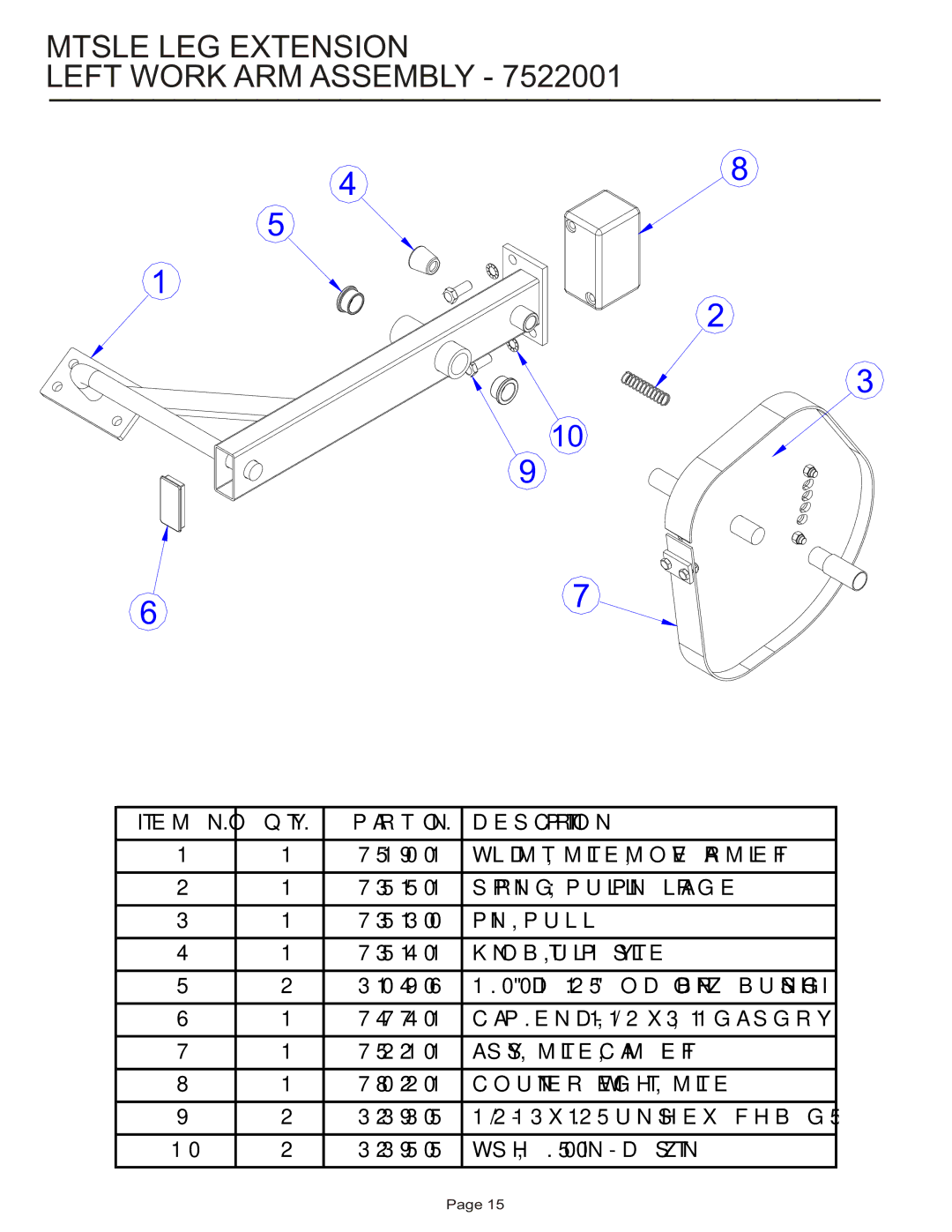 Life Fitness MTSLE manual Mtsle LEG Extension Left Work ARM Assembly 