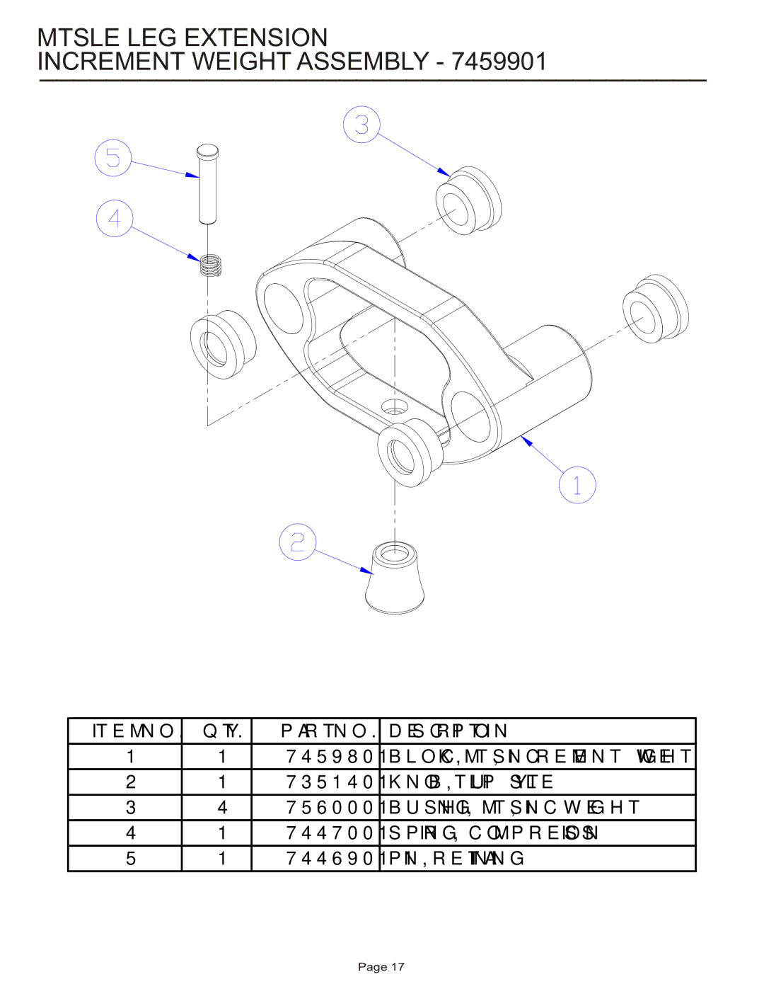 Life Fitness MTSLE manual Mtsle LEG Extension Increment Weight Assembly 