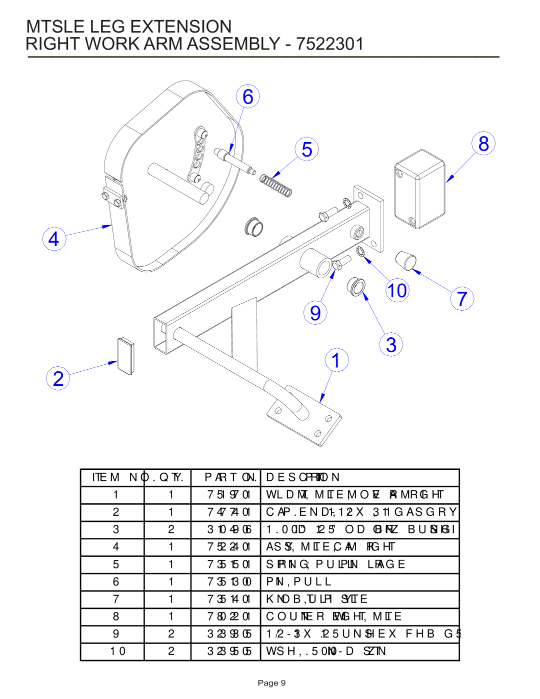 Life Fitness MTSLE manual Mtsle LEG Extension Right Work ARM Assembly 