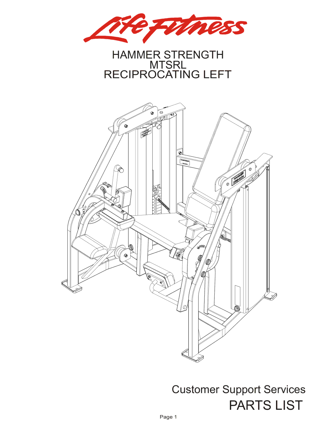 Life Fitness MTSRL manual Parts List, Hammer Strength Mtsrl Reciprocating Left 