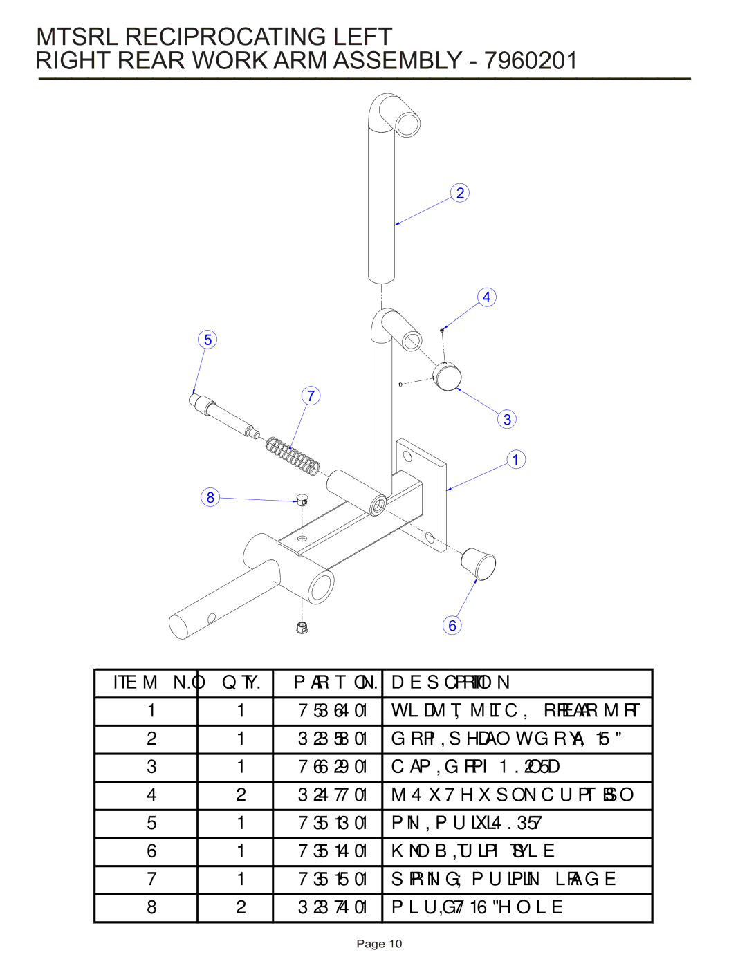 Life Fitness MTSRL manual Mtsrl Reciprocating Left Right Rear Work ARM Assembly 