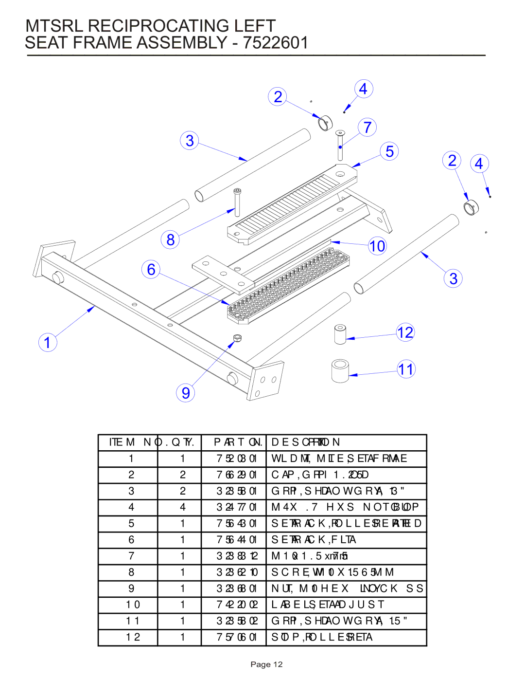 Life Fitness MTSRL manual Mtsrl Reciprocating Left Seat Frame Assembly 